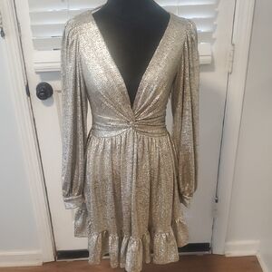 Skies Are Blue Metallic Gold Long Sleeve Dress